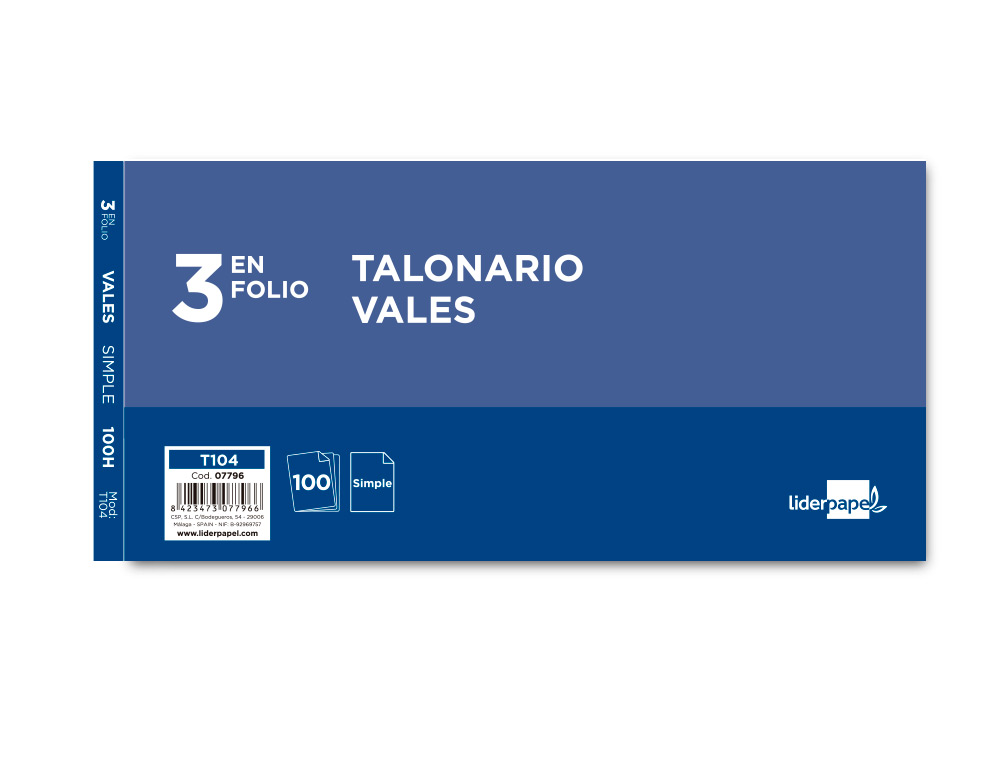 TALONARIO LIDERPAPEL VALES TRES EN FOLIO 104