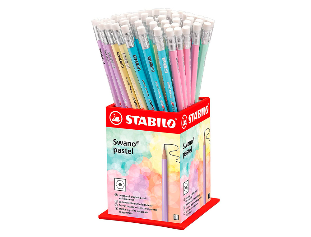 LAPICES DE GRAFITO CON GOMA STABILO SWANO MINA 2,2 MM DUREZA HB EXPOSITOR DE 72 UNIDADES COLORES PASTELES