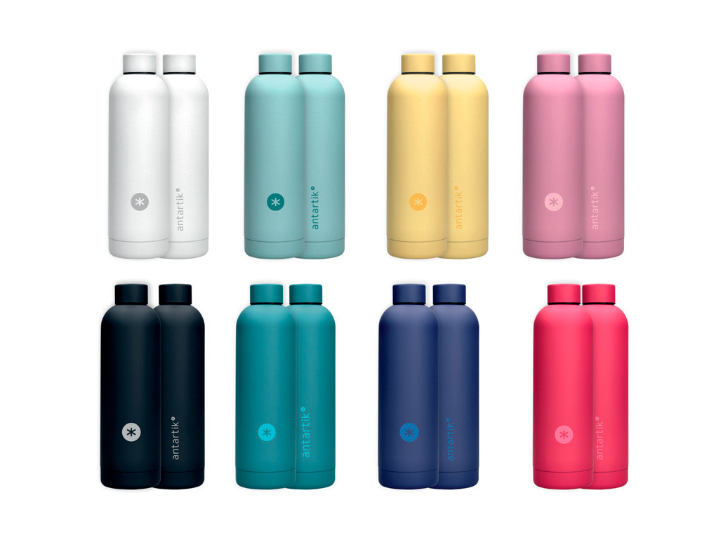 BOTELLA ANTARTIK ISOTERMICA ACERO INOXIDABLE LIBRE DE BPA 750ML EXPOSITOR CON 8 BOTELLAS