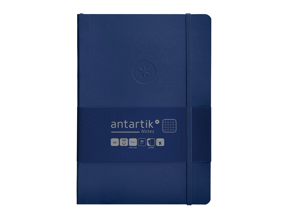 CUADERNO CON GOMILLA ANTARTIK NOTES TAPA BLANDA A5 HOJAS CUADRICULA AZUL MARINO 80 HOJAS 80 GR FSC