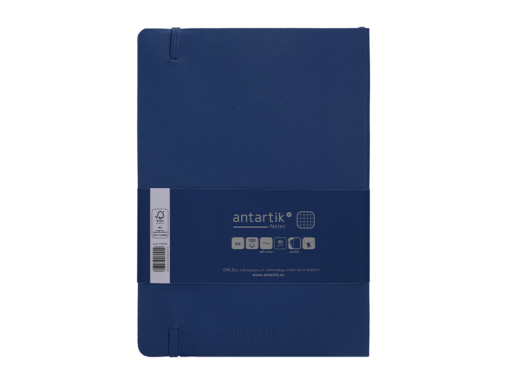 CUADERNO CON GOMILLA ANTARTIK NOTES TAPA BLANDA A5 HOJAS CUADRICULA AZUL MARINO 80 HOJAS 80 GR FSC