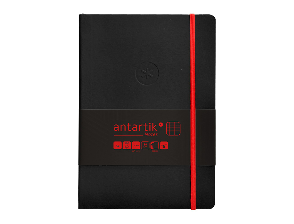 CUADERNO CON GOMILLA ANTARTIK NOTES TAPA BLANDA A5 HOJAS CUADRICULA NEGRO Y ROJO 80 HOJAS 80 GR FSC