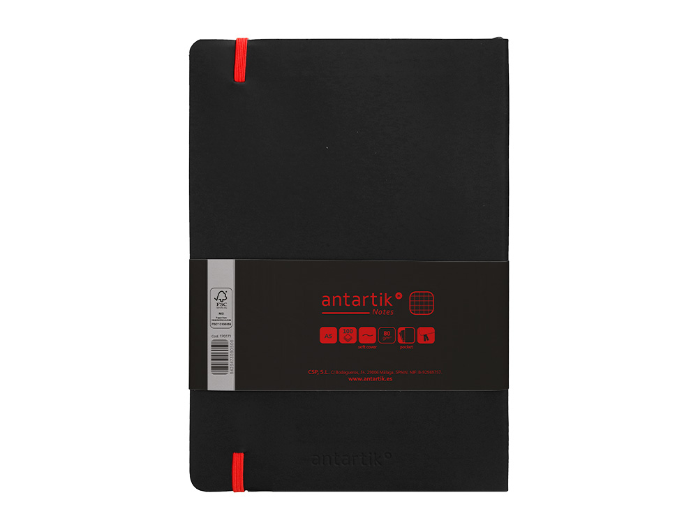CUADERNO CON GOMILLA ANTARTIK NOTES TAPA BLANDA A5 HOJAS CUADRICULA NEGRO Y ROJO 80 HOJAS 80 GR FSC