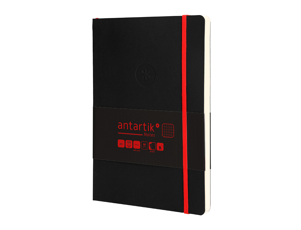 CUADERNO CON GOMILLA ANTARTIK NOTES TAPA BLANDA A5 HOJAS CUADRICULA NEGRO Y ROJO 80 HOJAS 80 GR FSC