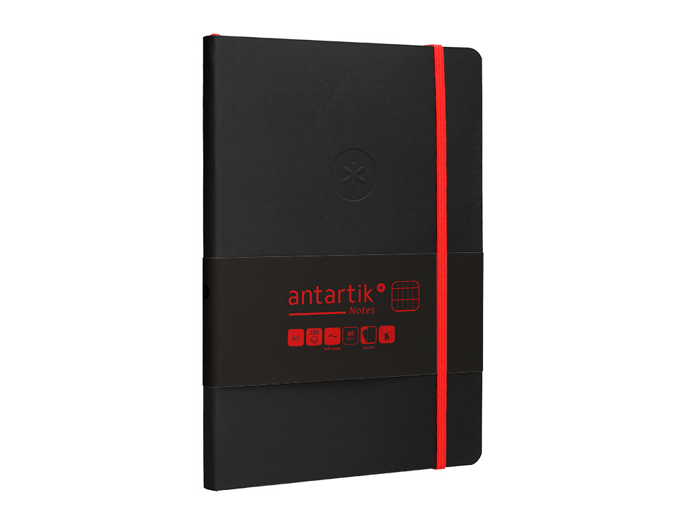 CUADERNO CON GOMILLA ANTARTIK NOTES TAPA BLANDA A5 HOJAS CUADRICULA NEGRO Y ROJO 80 HOJAS 80 GR FSC