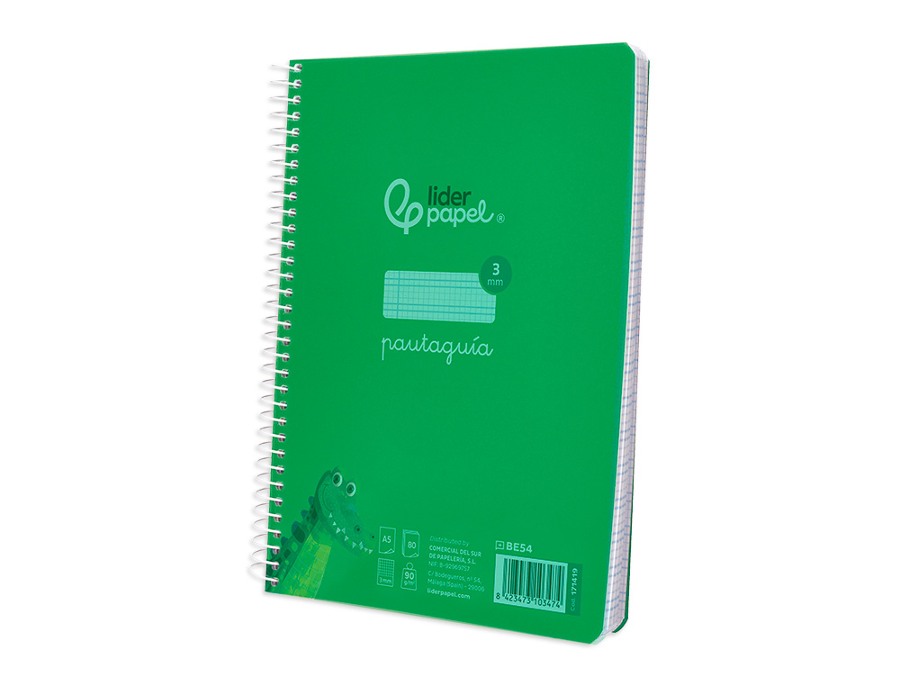 CUADERNO ESPIRAL LIDERPAPEL A5 PAUTAGUIA TAPA PLASTICO 80H 90GR CUADRO PAUTADO 3 MM CON MARGEN COLOR VERDE