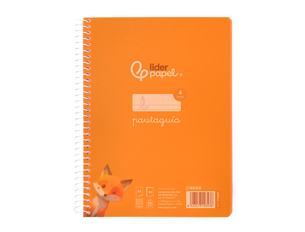 CUADERNO ESPIRAL LIDERPAPEL A5 PAUTAGUIA TAPA PLASTICO 80H 90GR CUADRO PAUTADO 4MM COLOR NARANJA