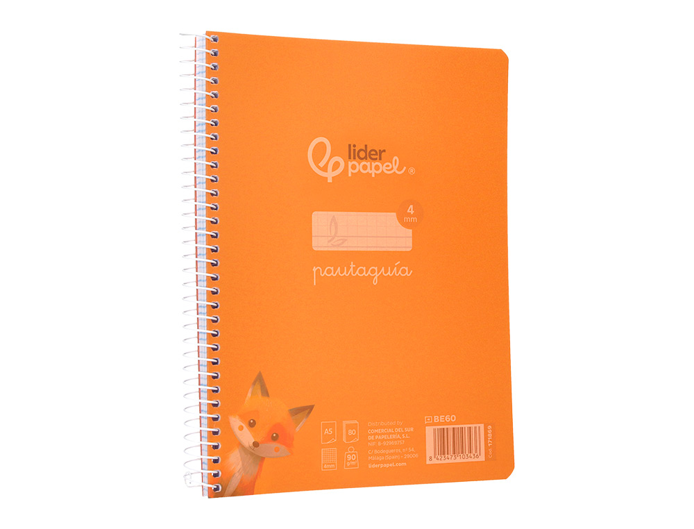 CUADERNO ESPIRAL LIDERPAPEL A5 PAUTAGUIA TAPA PLASTICO 80H 90GR CUADRO PAUTADO 4MM COLOR NARANJA