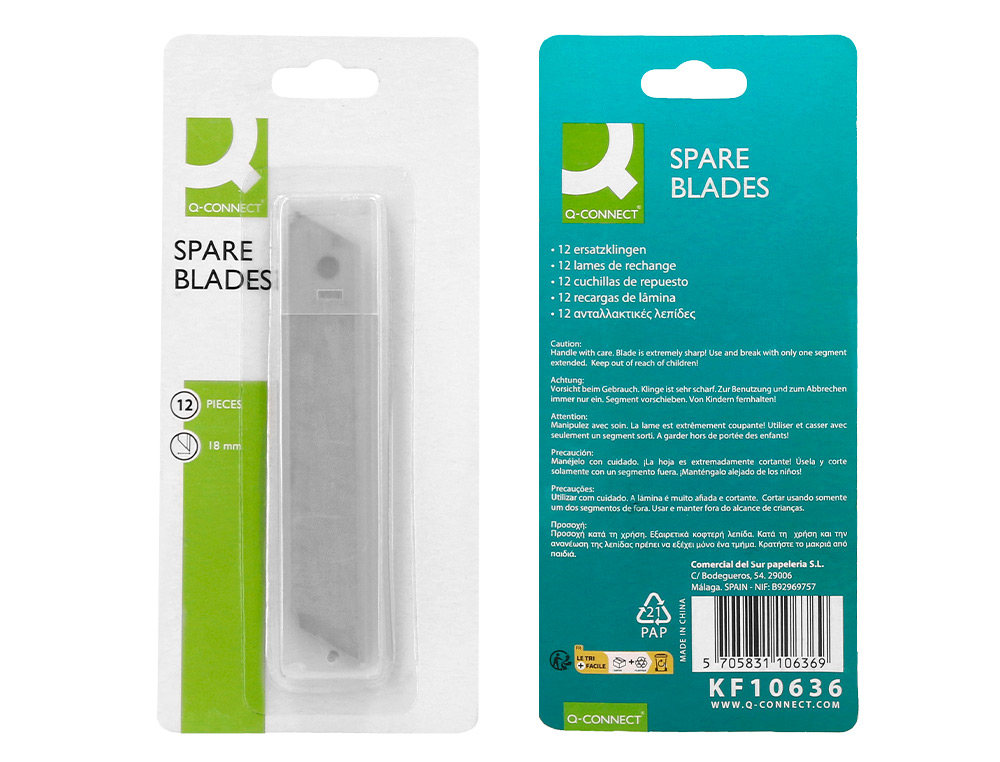 REPUESTO CUTER Q-CONNECT ANCHO PARA MODELOS KF10632/KF10635/KF10937/KF10634 CUCHILLA 18 MM BLISTER 12 UNIDADES