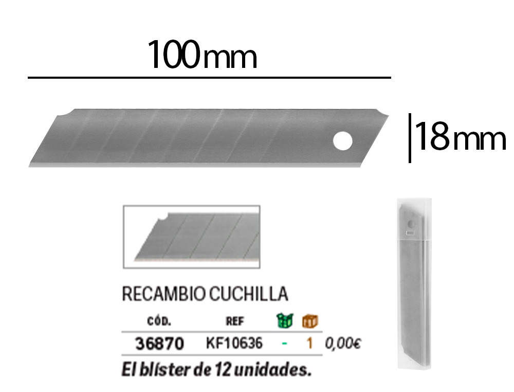 REPUESTO CUTER Q-CONNECT ANCHO PARA MODELOS KF10632/KF10635/KF10937/KF10634 CUCHILLA 18 MM BLISTER 12 UNIDADES