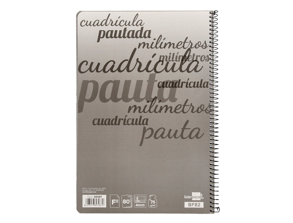 CUADERNO ESPIRAL LIDERPAPEL FOLIO PAUTAGUIA TAPA DURA 80H 75GR CUADRO PAUTADO 4MM CON MARGEN COLORES SURTIDOS