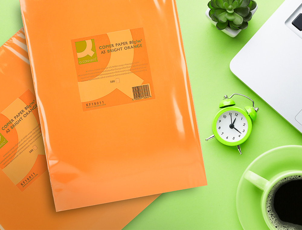 PAPEL COLOR Q-CONNECT DIN A3 80 GR NARANJA INTENSO PAQUETE DE 500 HOJAS