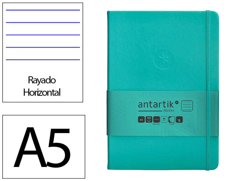 CUADERNO CON GOMILLA ANTARTIK NOTES TAPA DURA A5 HOJAS RAYAS TURQUESA 100 HOJAS 80 GR FSC