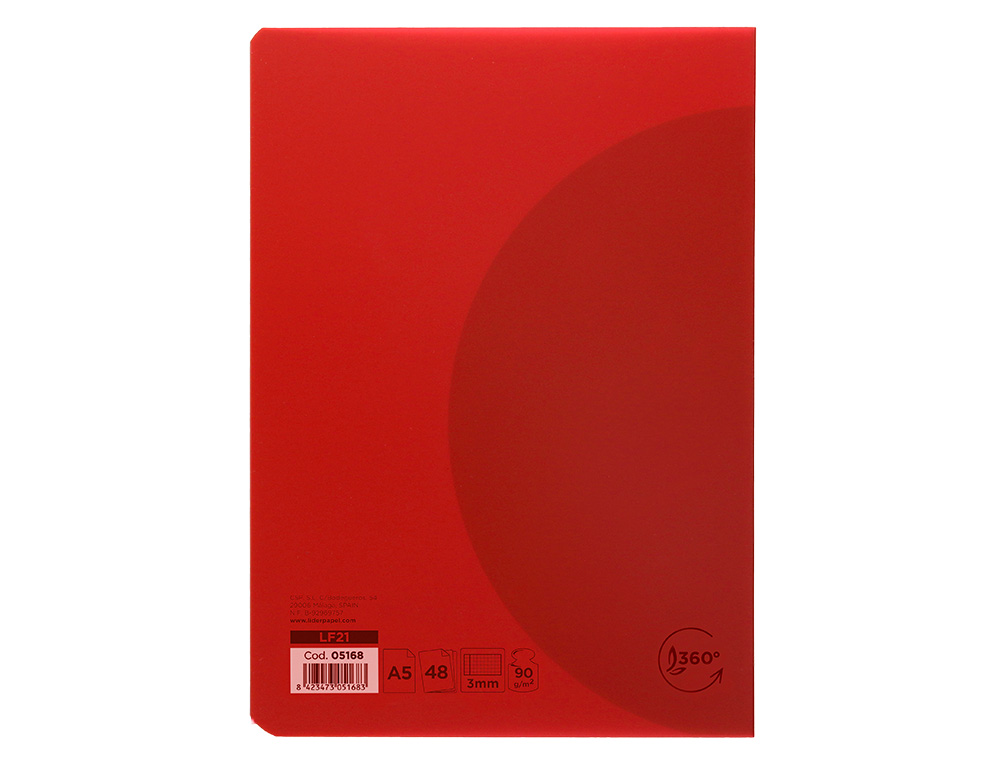 LIBRETA LIDERPAPEL 360 TAPA DE PLASTICO A5 48 HOJAS 90G/M2 CUADRO 3MM CON MARGEN COLORES SURTIDOS