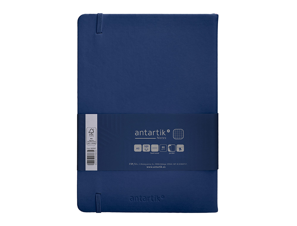 CUADERNO CON GOMILLA ANTARTIK NOTES TAPA DURA A5 HOJAS CUADRICULA AZUL MARINO 100 HOJAS 80 GR FSC