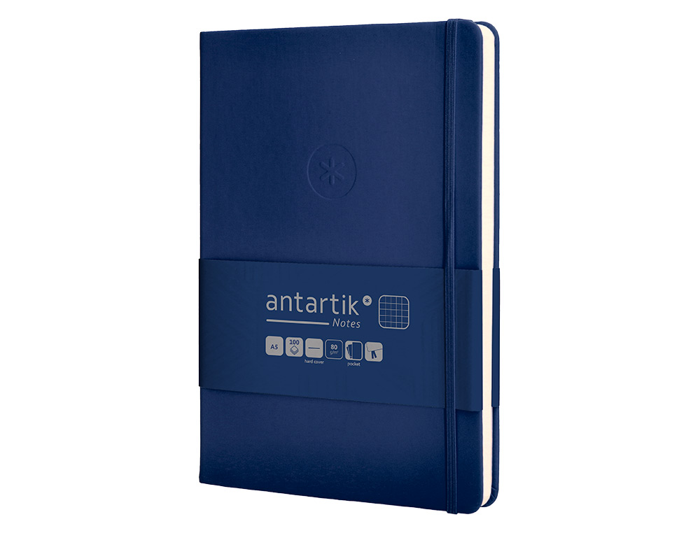 CUADERNO CON GOMILLA ANTARTIK NOTES TAPA DURA A5 HOJAS CUADRICULA AZUL MARINO 100 HOJAS 80 GR FSC